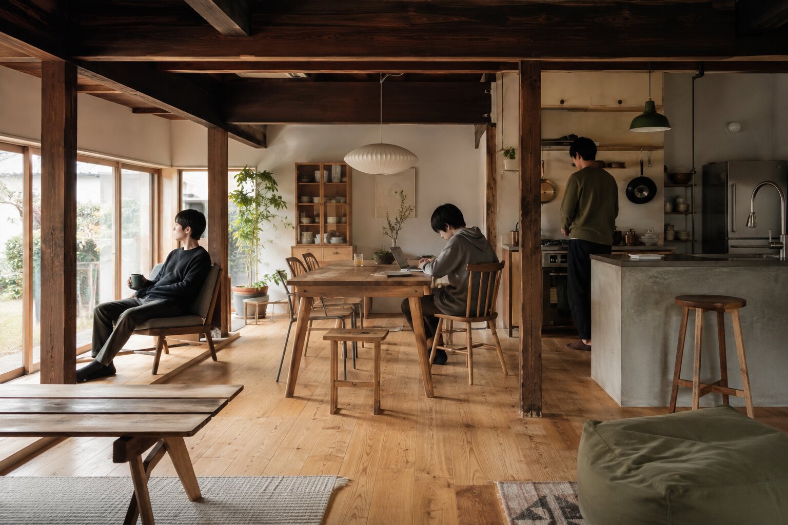 木の温もりがあるシェアハウスで暮らす人々のイメージ