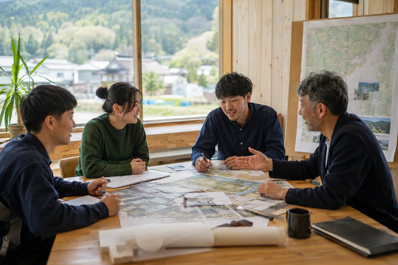 地域の事業について話し合う若者とサポーターのイメージ