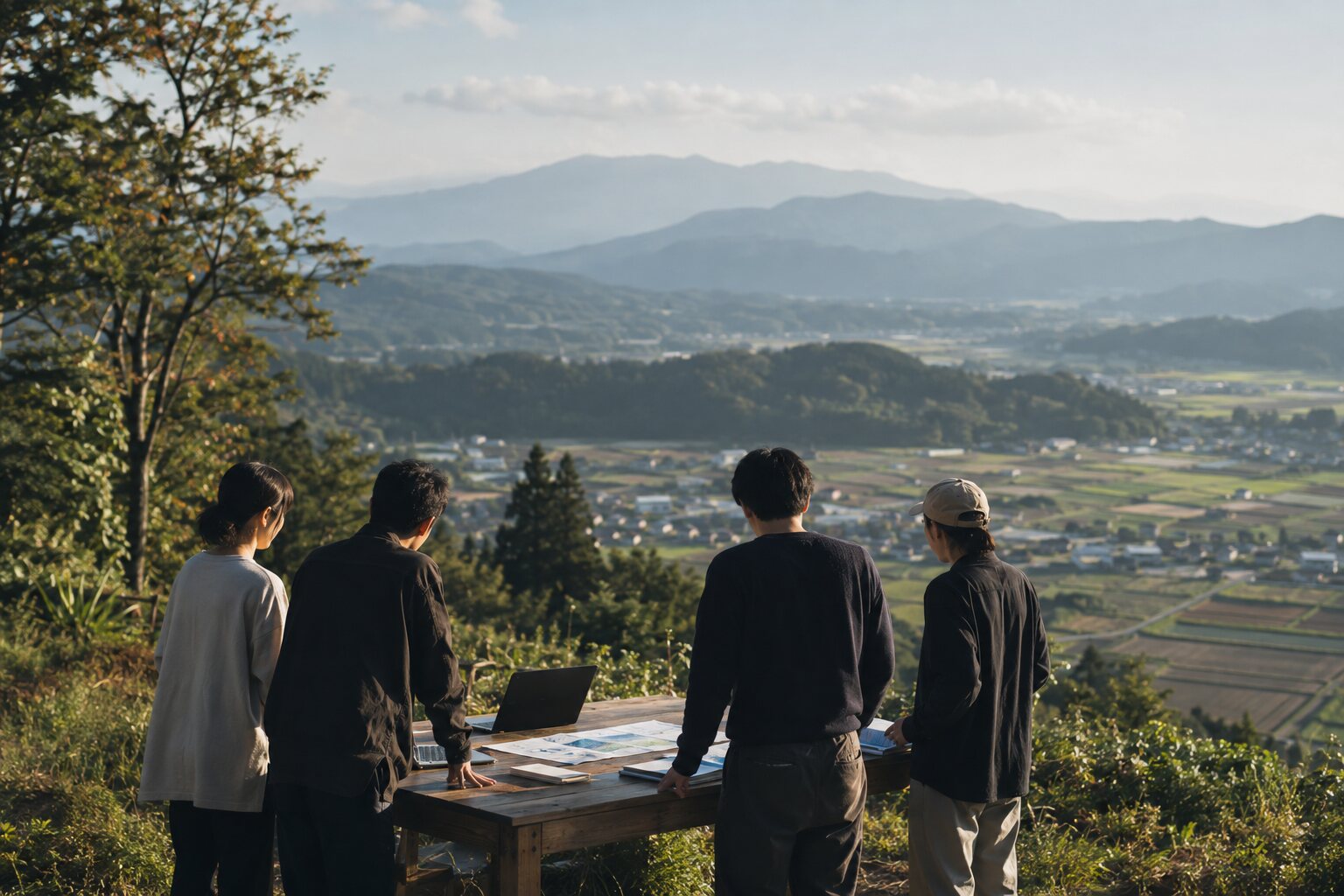 山形の風景を前に新しい場所づくりを考えるチームのイメージ