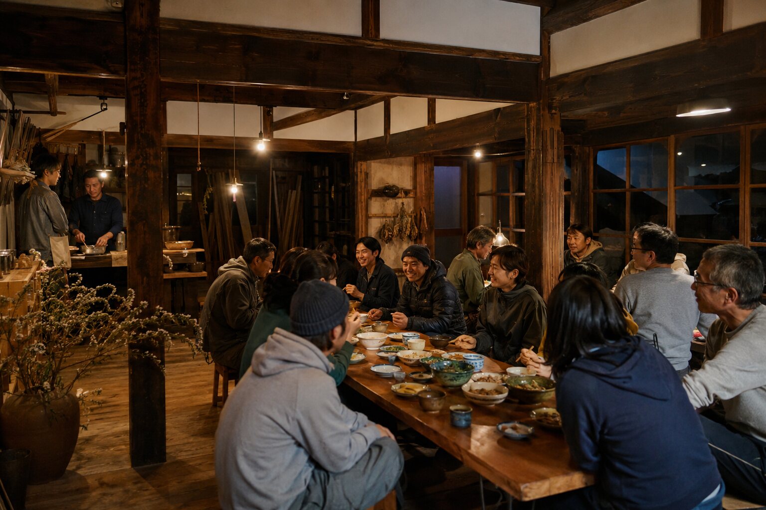 地域の仲間が食卓を囲み交流するイメージ