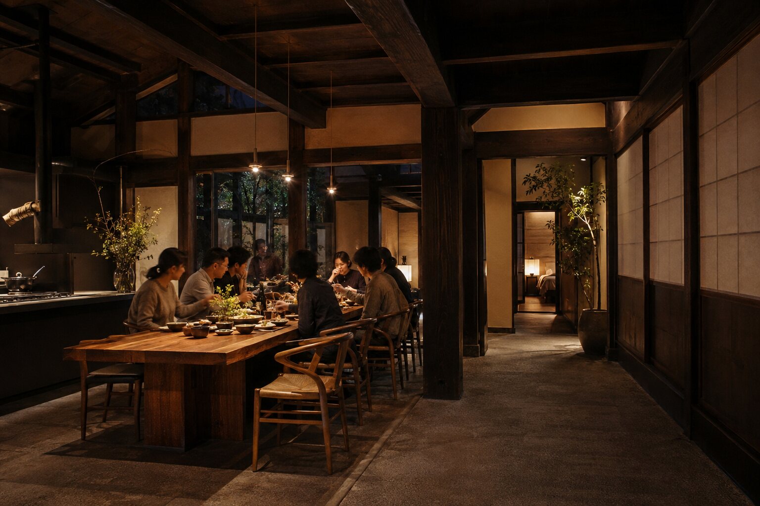 山寺に計画する宿泊施設と飲食店の室内イメージ